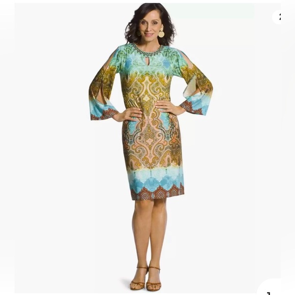 Chico's Paisley Print Cold Shoulder Studded Embellished Shift Dress Size 3 - Picture 3 of 6